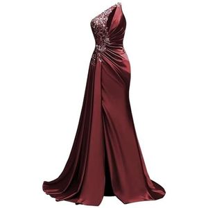 KIYNE Satijnen baljurk met één schouder en split zonder mouwen, zeemeermin, formele feestjurk, lange afstudeerjurk, Bordeaux, 46 grote maten