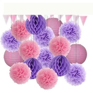 Set papieren lantaarns, Mi Primera Comunion Decoratie Koningsblauwe Tissue Pompoms 8"" Witte Ronde Papieren Lantaarn Goud Zilver Banner Kinderen Verjaardag DIY Cadeau(Pink Purple Set)