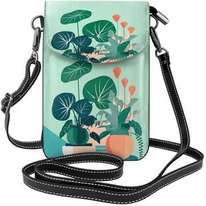 Cartoon Pioen Bloem Patroon Dames Lederen Flap Telefoon Tas Multifunctionele Kleine Crossbody Tas Voor Dagelijks Gebruik En Reizen, Indoor Cartoon ingemaakte groene planten, Eén maat