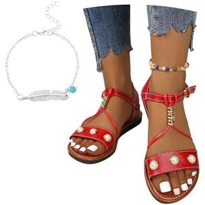 Dames Grote Maat Sandalen Meisjes Platte Sandalen Met Gesp Open Teen Romeinse Sandalen for Vakantie/Strand, Casual Boheemse Zomerschoenen Met Kralen, 36-43(Red,43 EU)