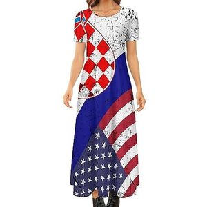 Kroatische Amerikaanse vlag dames zomer casual korte mouw maxi-jurk ronde hals bedrukte lange jurken 4XL