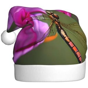 SSIMOO Libelle op de bloem pluche kerstmuts voor volwassenen, feestelijke feesthoed, ideaal feestaccessoire voor bijeenkomsten