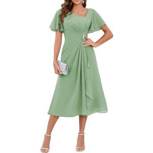 WSEYU Chiffon moeder van de bruid jurken asymmetrische thee lengte moeder van de bruidegom jurken voor bruiloft, Sage Groen, 32