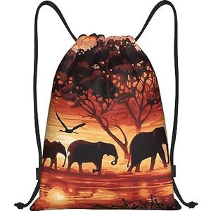 BTCOWZRV Trekkoord Rugzak Zonsondergang olifant Print Waterdichte String Bag Verstelbare Gym Sport Sackpack, Zwart, Medium