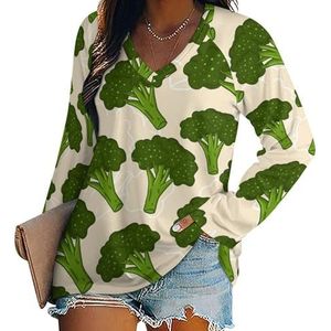 Groene broccoli dames casual T-shirts met lange mouwen V-hals bedrukte grafische blouses T-shirt tops M