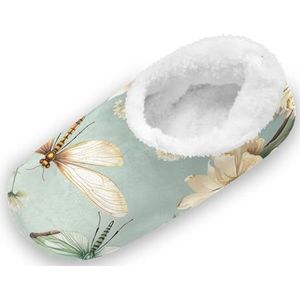 KAAVIYO Witte bloem libelle outdoor pantoffels katoenen huisschoenen gesloten rug winter antislip pluizige voeten pantoffels voor indoor jongens vrouwen, Patroon, XX-Large