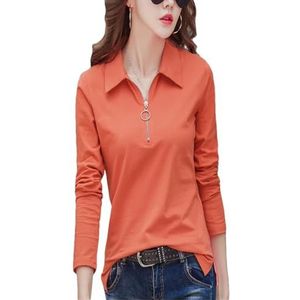 Dvbfufv Vrouwen Koreaanse Mode Lange Mouw Rits Revers Neck T-Shirt Vrouwen Shirts, Oranje, XL