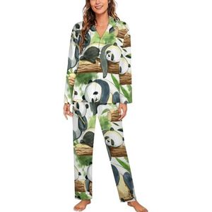 Animal Panda Aquarel Lange Mouw Pyjama Sets Voor Vrouwen Klassieke Nachtkleding Nachtkleding Zachte Pjs Lounge Sets