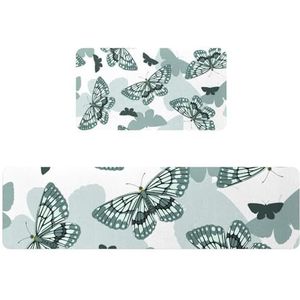 VAPOKF 2 stuks keukenmat vlinder en silhouet patroon, antislip wasbaar vloertapijt, absorberende keuken mat loper tapijt voor keuken, hal, wasruimte