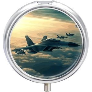 Vliegtuigen Fighter Jets Ronde Pillendoos 3 Compartiment Geneeskunde Pil Organizer met Spiegel Reizen Kleine Pil Case Leuke Vitamine Organizer Draagbare Dagelijkse Pil Container voor Pocket Purse