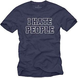 MAKAYA Grappig T-Shirt Met Teksten Voor Mannen - I Hate People - Blauw Korte Mouw Kinderen/Jongens/Heren Maat L