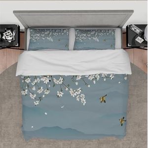 DINGSION Blauwe beddengoedset, 3-delige set met inktschilderij schattige vogel, witte magnolietaken, zachte slaapkamerbeddengoedset met 2 kussenslopers, ritssluiting, 4 stropdassen, 180 x 220 cm