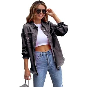 Denim Jackets for Women, Loose Long Sleeve Denim Jacket with Fashionable Ripped Casual Basic Denim Jacket with Long Casual Wash (Color : Gray2, Size : L)