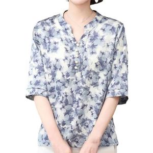 Dvbfufv Dames zomer korte mouw trui ronde hals afdrukken blouses dame knop casual mode kantoor T-shirts, Blauw, 3XL