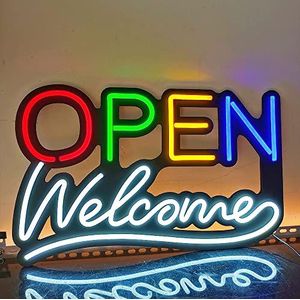 Neon RGB Open Teken Brief Wit Licht Welkom Bewegwijzering met Opknoping Ketting voor Zakelijke Winkel Etalage Restaurant Cafe Bar - 56 X 36 CM