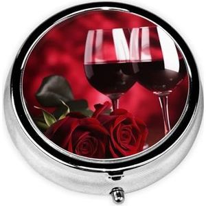 Kleine pillendoos voor portemonnee 3 compartimenten rozen en glazen rode wijn bedrukt ronde metalen pillenorganisator schattige pillendoos reizen pillencontainer medicijnorganizer doos pillenzakken