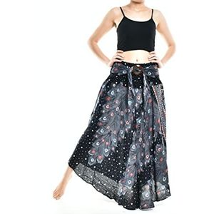 Bohotusk Lange maxi-boho-stijl zigeuner Boho hippie zomer strandrok met kokosnoot gesp stropdas elastische taille S/M tot 3XL, Zwarte Pauw, 36/38 NL