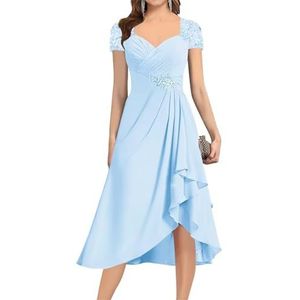KIYNE Damesjurk met lange mouwen en ruches voor dames, korte formele avondjurk, feestjurk, Lichtblauw, 36