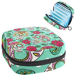 Bloem schedel,Periode Pouch Draagbaar,Tampon Opbergtas,Tampon Houder voor Portemonnee Vrouwelijke Product Organizer, Meerkleurig, 4.7x6.6x6.6 in/12x17x17 cm
