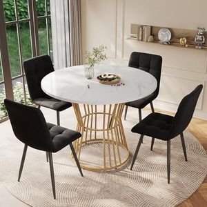 Aunvla Wit met metalen poten (1 stuk), keukentafel, stabiel metalen frame, modern marmer - of eettafel, ontbijttafel - en ontbijttafel restaurant, wit/goud
