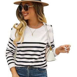 LJCM Gestreepte damestrui met knopen, gestreepte gebreide damestrui, ronde hals, huidvriendelijk voor dagelijks gebruik, zwart-wit, S