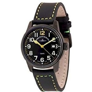 Zeno-Watch Heren Horloge - Classic Pilot Date zwart & geel - 3315Q-bk-a19, riem