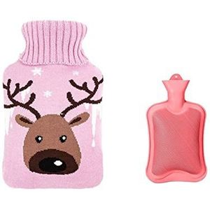 Mini warm water bottlehot, warmwaterkruik Kerstmis warmwaterkruikwarmer set schattige elandprint 800 ml opwarmen en hernieuwbaar warm koud pak blijvende warmte verwijderbare hoes (maat : rood) (maat: