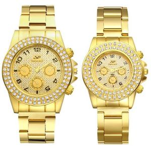 JewelryWe Kwarts Analoog Kwarts Kalender 30M Waterdicht Partner Polshorloge Roestvrij Staal Armband Heren Dames Horloges met Strass, Strass - goud - paar horloges, armband
