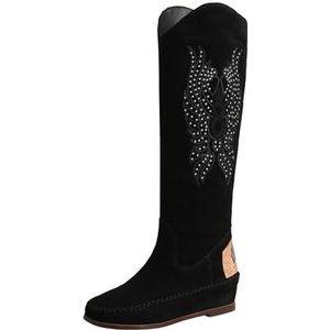 CHICMARK Comfortabele nubuck western cowboylaarzen / kniehoge sleehak laarzen om aan te trekken met ronde teen, zwart, 36 EU