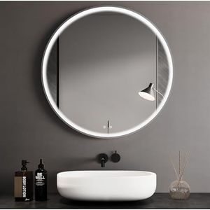 Clevich Badkamerspiegel met verlichting, rond, met superheldere COB led-lichtstrip, dik aluminium frame, anti-condens, 3 lichtkleuren, dimbaar, ronde badkamerspiegel met lik, grote wandspiegel, 60 cm