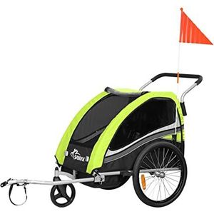 SAMAX 360° zwenkbare Fietskar/Aanhangwagen 2in1 en Buggy Geveerde Transportkar Kinderfietskar voor 2 kinderen - in Groen - Black Edition