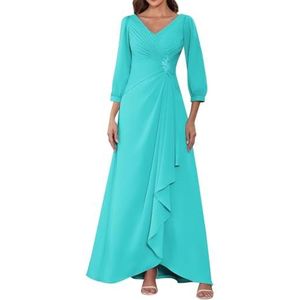 HPPEE Dames lange mouwen moeder van de bruid jurken ruches geplooide chiffon formele jurk avond party jurk, Turkoois, 32
