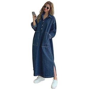 MOGSA Maxi Jurk Vrouwen Herfst Lange Mouw Denim Shirt Jurk Knop Pocket Jeans Maxi Jurken Casual Losse