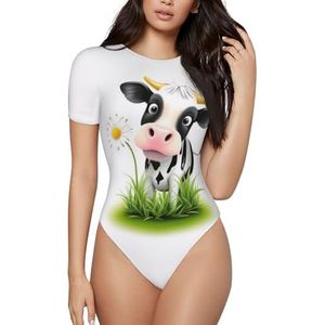 KHDKLXOHZ 3d schattige koe dames bodysuits - korte mouw shapewear, ronde hals bodysuit, rekbare basic T-shirt tops, casual slim comfortabele pasvorm turnpakje onesie, 3d, S