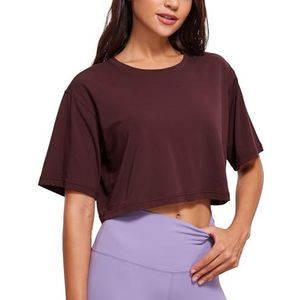 CRZ YOGA Vrouwen Sport T-shirt Korte Mouw Zomer Fitness Crop Tops Crew Neck Licht Yoga Top Ademend Running Shirt Donkerrood XS