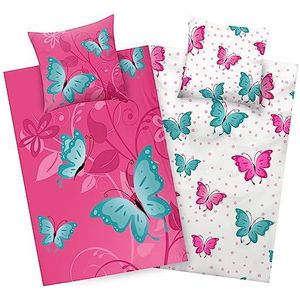 Aminata kids Beddengoed 135 x 200 cm, vlinders, kinderen, meisjes, katoen, vlinder, roze, YKK-ritssluiting, diermotief, bloemen, tweezijdig beddengoed
