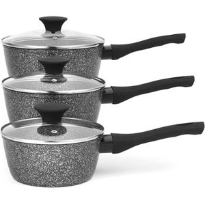 Salter BW05751S Megastone Saucepan Set – 3 Piece Set & Glass Lids, 10 x Tougher Non-Stick, PFOA-Free Forged Aluminium, Suitable For All Cooking Hobs, Dishwasher & Metal Utensil Safe, Soft Touch Handle