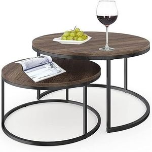 Nesting Salontafel Set van 2 stapelbare bijzettafels, industriële stijl dikke walnootplank nachtkastjes met metalen poten eindtafels nesttafels, voor woonkamer, rond hout (Maat: 60+45 cm)