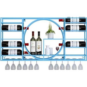 Wijnrek voor wandmontage, wijnrek, wandmontage met glaswerk, smeedijzeren industrieel windrek, huisrestaurant wijnkast decoratie/displayrek (afmetingen: 120 x 72 x 11 cm, kleur: blauw)