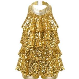 NUOYIXUAN Modern Latijns-danskostuum voor meisjes, korte jurk met glanzende pailletten, podiumoutfit (goud, 4)