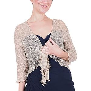 Mimosa Bolero voor dames, gehaakte bolero, glitter of effen, super rekbare kanten visnet stropdas in de taille, bolero, open vest, maat 34-56, Taupe/Zilver, Eén Maat