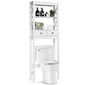 Badkamerruimtebesparend, opbergrek boven het toilet met laden en open planken, houten vrijstaande wasmachine-organizer (wit, met achterpaneel) (Color : White, Size : Without Back Panel)