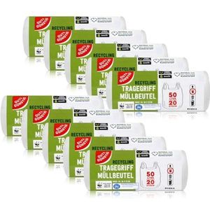200 vuilniszakken met handvat, 50 liter, 20 stuks per rol, scheurvast en vloeistofbestendig, recyclebaar product en verpakking, verpakking van 10 rollen