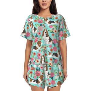 RIVETECH Sweet Basset Hound bloemenprint dames pyjama met korte mouwen - comfortabele korte sets, mouwen nachtkleding met zakken, Zwart, L