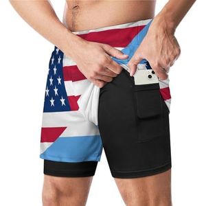 Wuivende vlag van Argentinië en de VS grappige zwembroek met compressieliner en zak voor mannen board zwemmen sport shorts