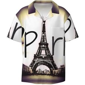 TyEdee Eiffeltoren Love Paris Print Heren Korte Mouw Overhemd met Zak Casual Button Down Shirts Business Shirt, Zwart, XXL