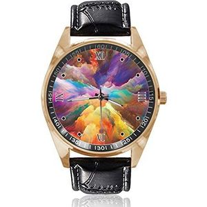 Fantasie Abstracte Decor Regenboog Kleurrijke Burst Wolken Polshorloge Analoge Quartz Gouden Wijzerplaat Klassieke LeatherBand Vrouwen Mannen Horloge, Goud, 1.6""x1.6""x0.15"" inch, riem