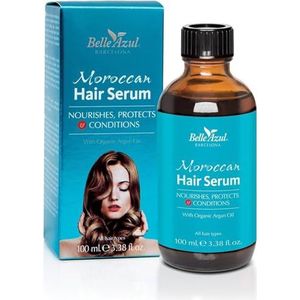 Belle Azul Marokkaans haarserum, rijk aan biologische Marokkaanse arganolie, voedt en verzorgt, voor glad en glanzend haar, beschermt tegen hitteschade en vermindert pluis, 100 ml.