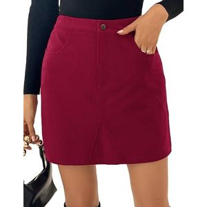 Kate Kasin Cordurock minirok voor dames, hoge taille, smalle pasvorm, wikkelrok, herfst en winter, corduroy rok, korte rok van corduroy, wijnrood, S