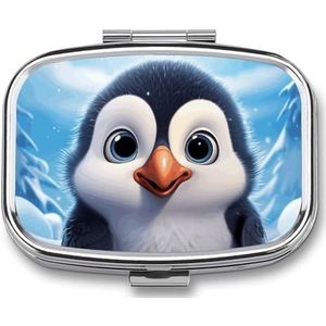 Pil Case Metaal met Spiegel, Cartoon Leuke Pinguïn Gedrukt Draagbare Pil Container, Reizen Pil Organizer voor Carry Opslag Verschillende Medicijnen